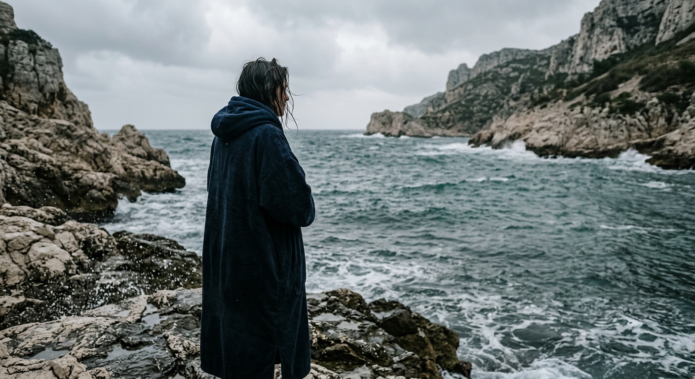 Une nageuse enveloppée dans une robe de change, face à la mer, sur une côte rocheuse près de Marseille.