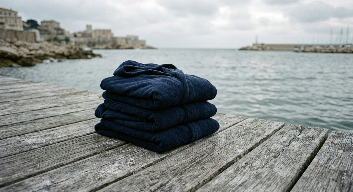 Trois robes de change pliées sur les planches d'un quai en bois, face à la mer, à Marseille.